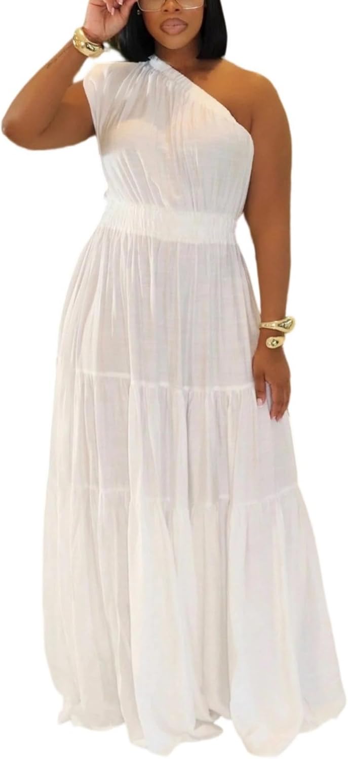 Lucuna Women's Linen One Shoulder Flowy Summer Boho Maxi Dresses | Beach Vacation Outfits, Off Shoulder Sleeveless Ruffle Tiered, Elastic Waist A Line Long Dress, Fall Casual