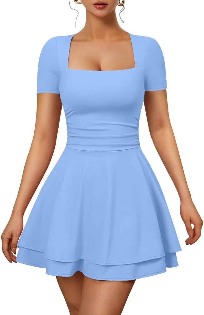 Square-Neck Short-Sleeve Tiered Mini Dress in Blue