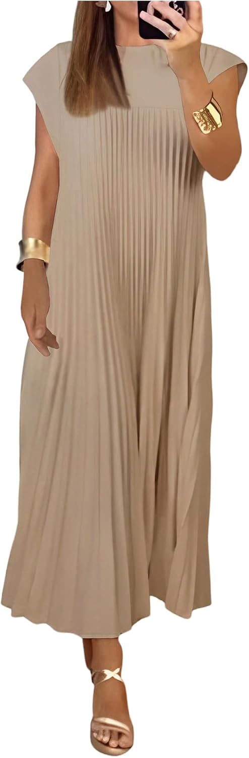 GORGLITTER Women's Pleated Maxi Dresses Church Casual Wedding Guest Outfits | Flowy, Chiffon, Summer Casual, Womens Dress, Cocktail Going Out Dress for Women