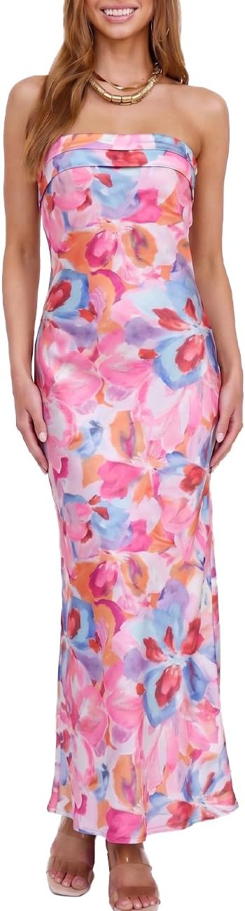 Realtix Summer Satin Strapless Backless Maxi Dress for Women Wedding Guest | Sexy,Silk,Low Back,Hollow Out,Open Back,Elegant,Tube,Cocktail Party,Semi Formal,Birthday,Date Night,vacation,Long Dress