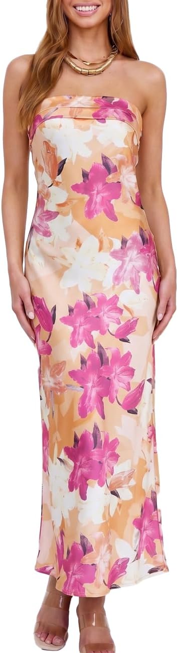 Satin Strapless Maxi Dress in Lilies Purple