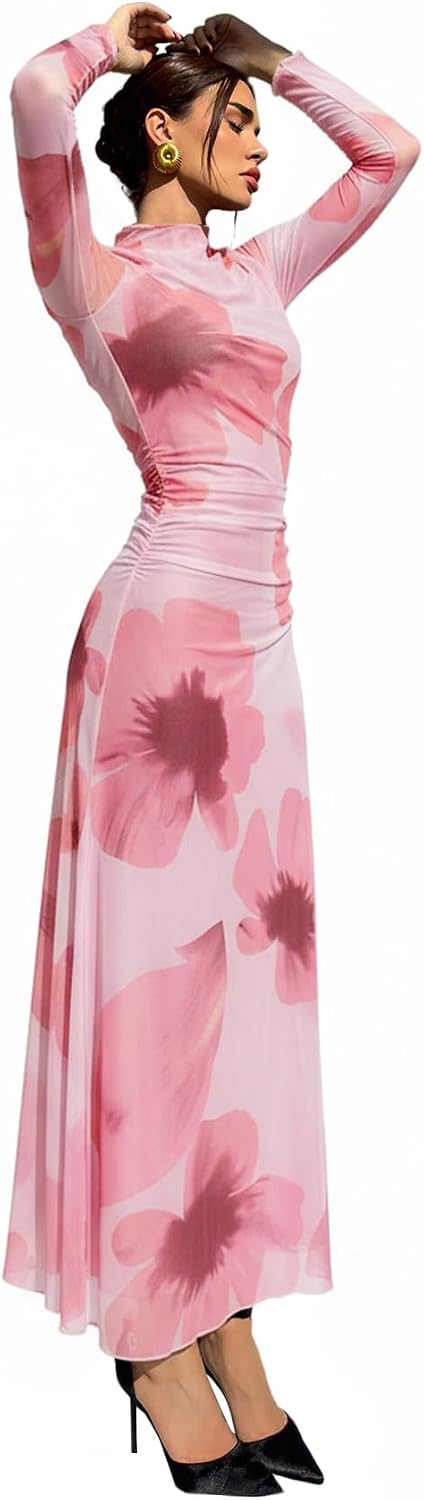 Verdusa Women's Floral Wedding Guest Dress Long Sleeve Mesh Maxi Dresses | Bodycon Dresses, Elegant Dresses for Women, Flowy Dresses, Cocktail Outfits, Fall Dresses for Women