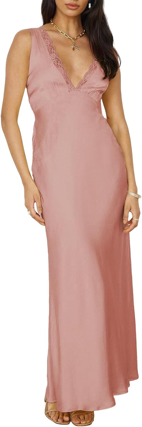 BAGONE Summer Satin Lace V Neck Backless Formal Wedding Guest Maxi Dresses | Silk,Open Back,Sleeveless,Elegant,Cocktail,Bridesmaid,Baby Shower,Party,Prom,Birthday,Vacation,Summer Dresses for Women 2026