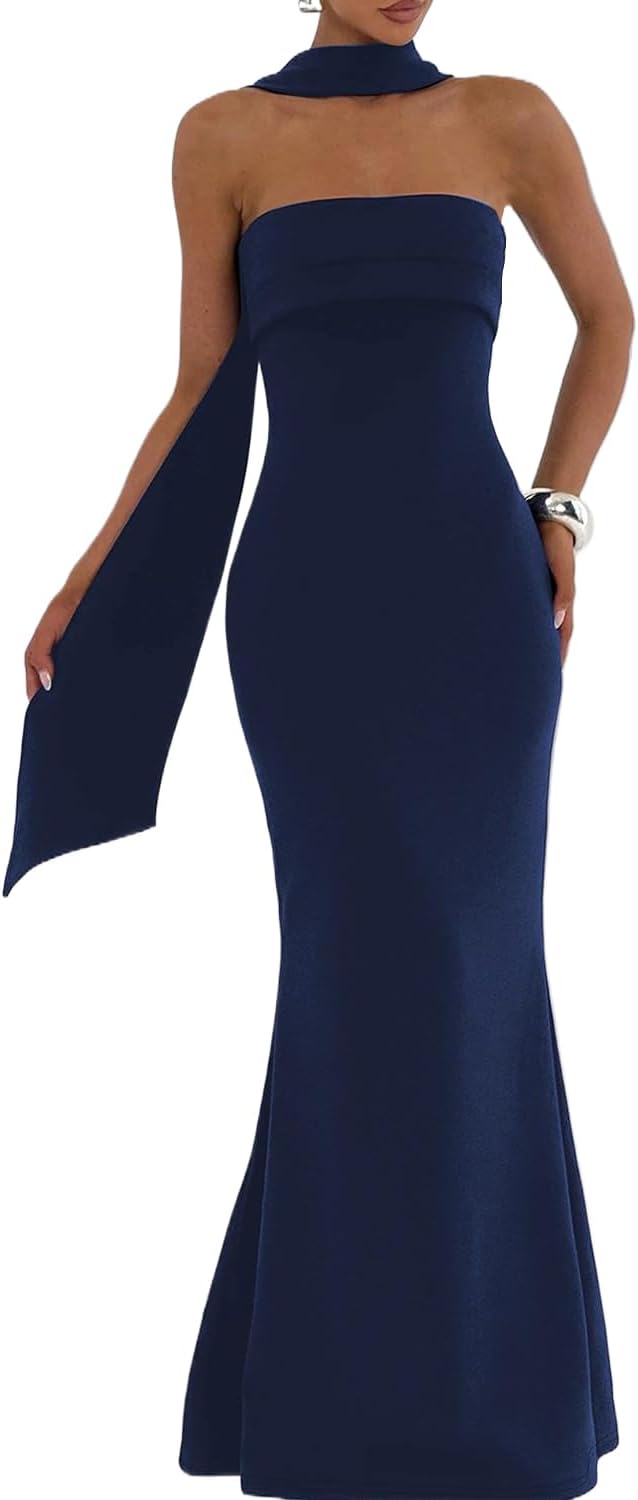 Strapless Bodycon Maxi Dress in Navy Blue
