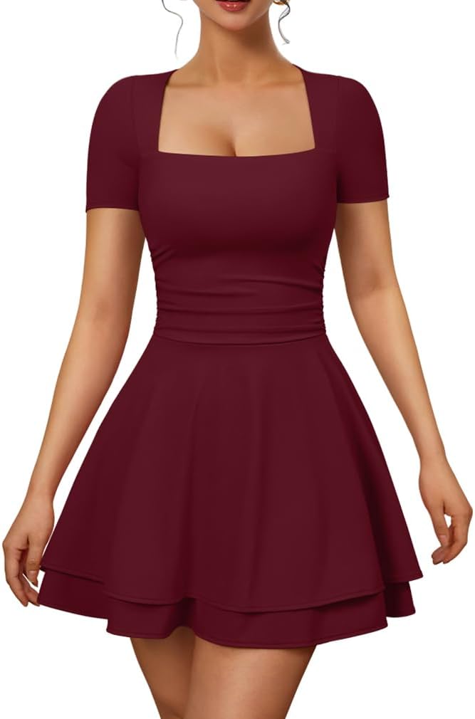 Square-Neck Short-Sleeve Tiered Mini Dress in Wine Red