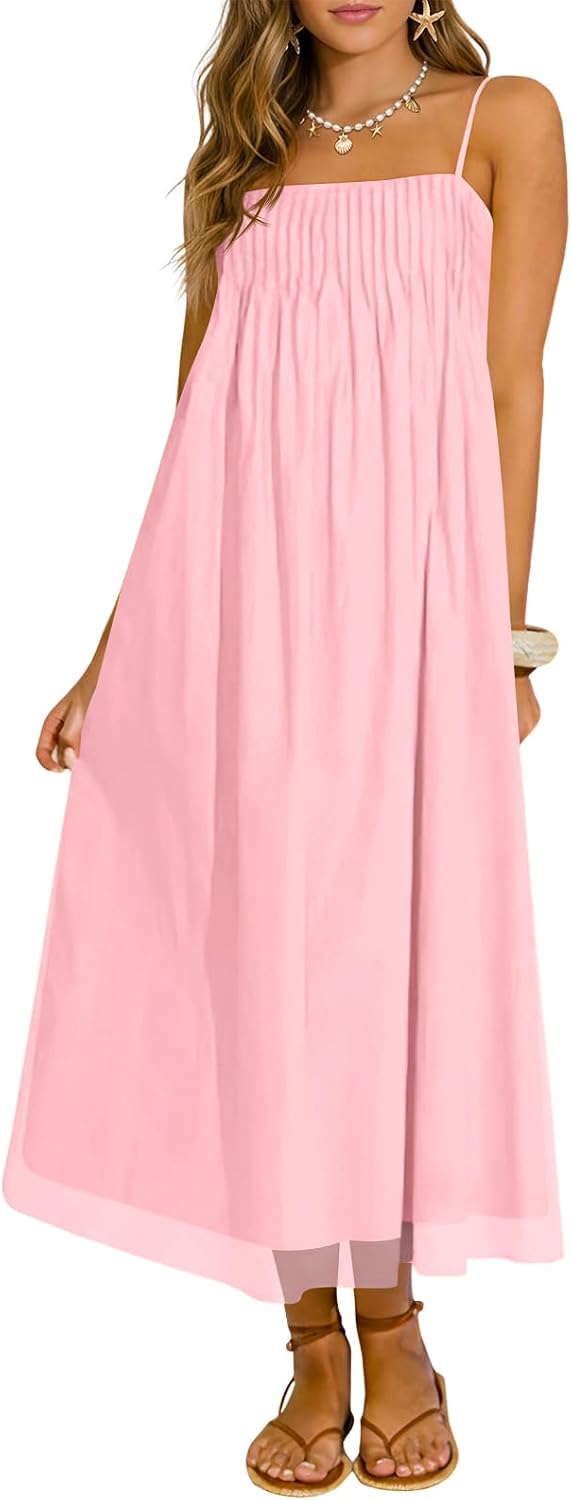 Wenrine Women's Summer Boho Maxi Dresses Spaghetti Straps Chiffon Sundress | Beach Vacation, Flowy, Linen, Casual, Loose, Pleated, Sleeveless, Midi Long Dress with Pockets