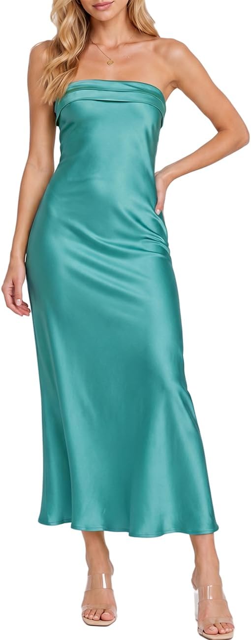 Realtix Summer Satin Strapless Backless Maxi Dress for Women Wedding Guest | Sexy,Silk,Low Back,Hollow Out,Open Back,Elegant,Tube,Cocktail Party,Semi Formal,Birthday,Date Night,vacation,Long Dress