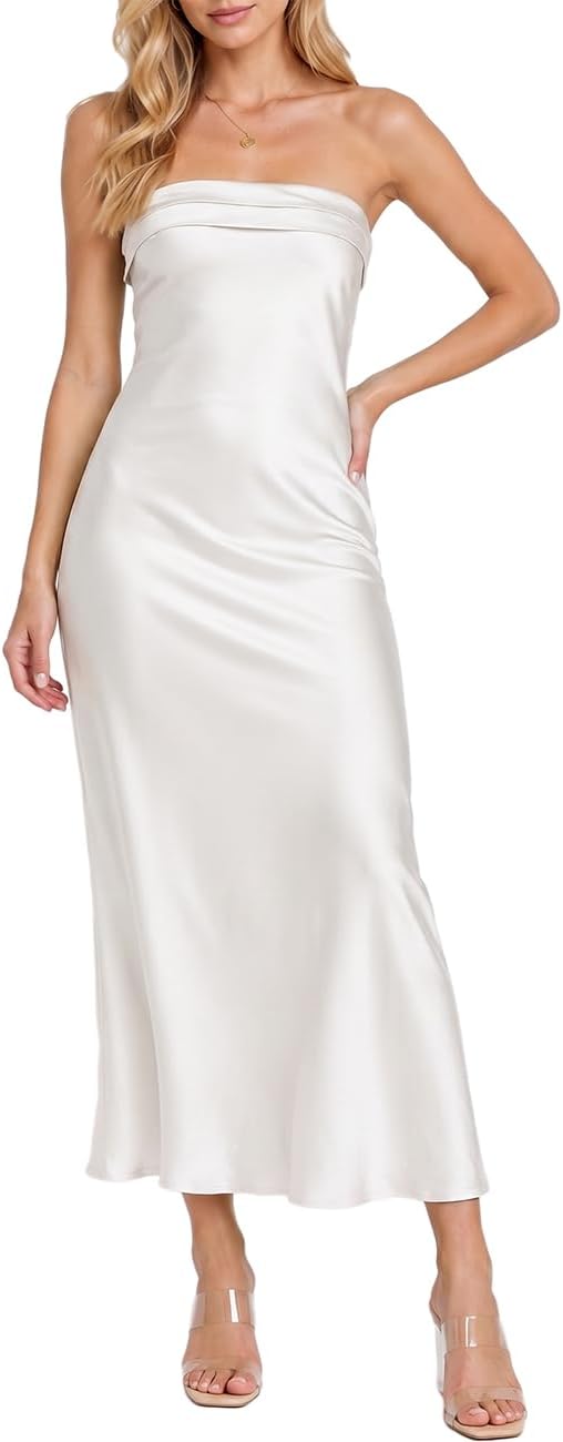 Realtix Summer Satin Strapless Backless Maxi Dress for Women Wedding Guest | Sexy,Silk,Low Back,Hollow Out,Open Back,Elegant,Tube,Cocktail Party,Semi Formal,Birthday,Date Night,vacation,Long Dress