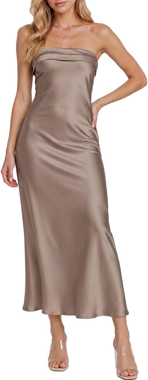 Realtix Summer Satin Strapless Backless Maxi Dress for Women Wedding Guest | Sexy,Silk,Low Back,Hollow Out,Open Back,Elegant,Tube,Cocktail Party,Semi Formal,Birthday,Date Night,vacation,Long Dress