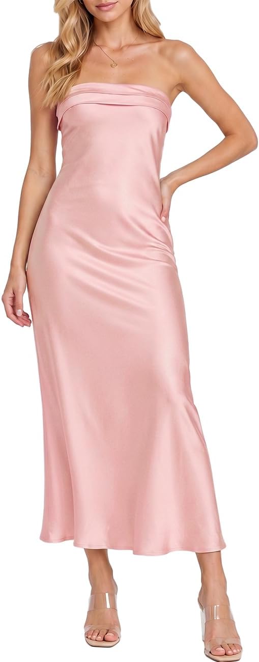 Realtix Summer Satin Strapless Backless Maxi Dress for Women Wedding Guest | Sexy,Silk,Low Back,Hollow Out,Open Back,Elegant,Tube,Cocktail Party,Semi Formal,Birthday,Date Night,vacation,Long Dress