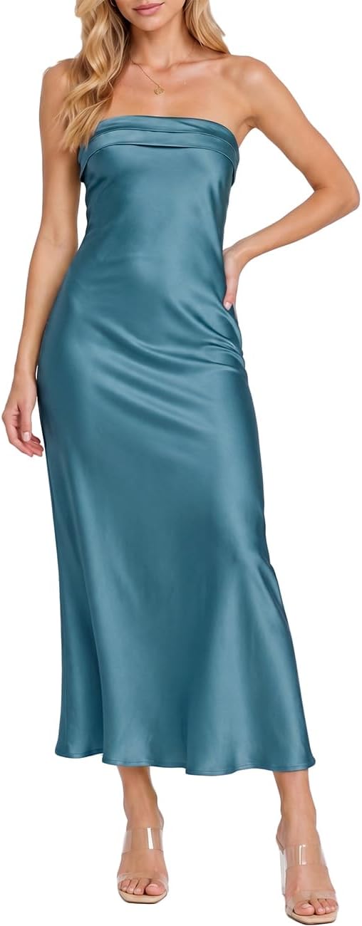 Realtix Summer Satin Strapless Backless Maxi Dress for Women Wedding Guest | Sexy,Silk,Low Back,Hollow Out,Open Back,Elegant,Tube,Cocktail Party,Semi Formal,Birthday,Date Night,vacation,Long Dress