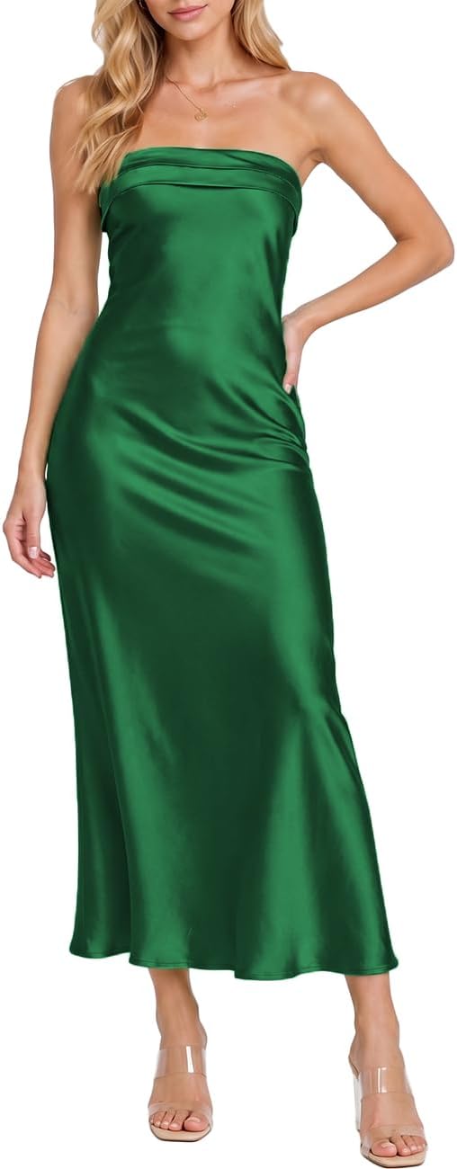 Satin Strapless Maxi Dress in Green