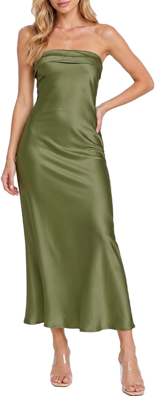 Realtix Summer Satin Strapless Backless Maxi Dress for Women Wedding Guest | Sexy,Silk,Low Back,Hollow Out,Open Back,Elegant,Tube,Cocktail Party,Semi Formal,Birthday,Date Night,vacation,Long Dress