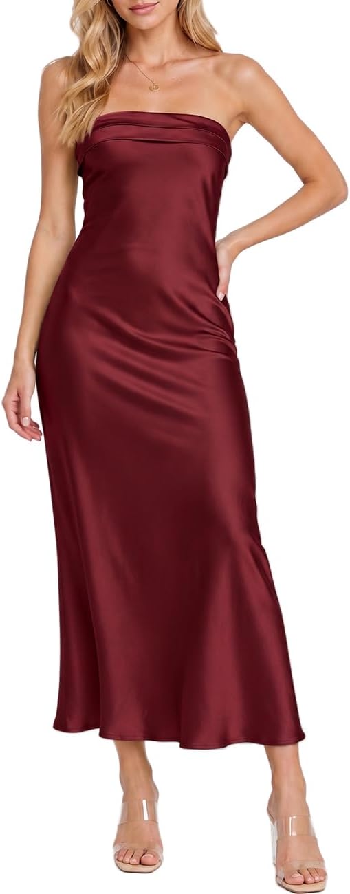 Realtix Summer Satin Strapless Backless Maxi Dress for Women Wedding Guest | Sexy,Silk,Low Back,Hollow Out,Open Back,Elegant,Tube,Cocktail Party,Semi Formal,Birthday,Date Night,vacation,Long Dress