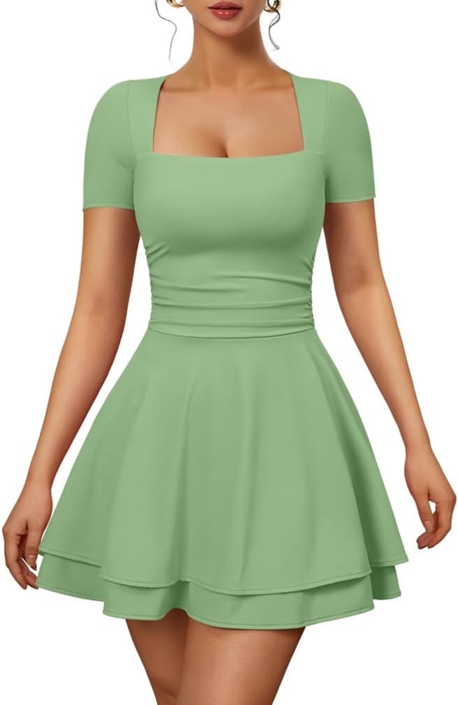 Square-Neck Short-Sleeve Tiered Mini Dress in Pea Green