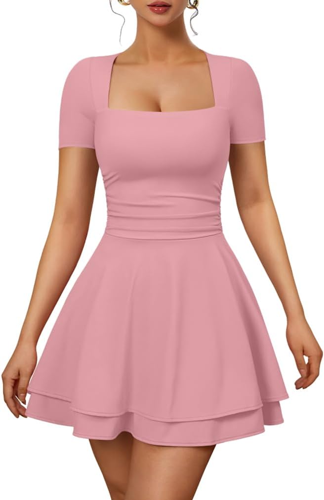 Square-Neck Short-Sleeve Tiered Mini Dress in Water Pink
