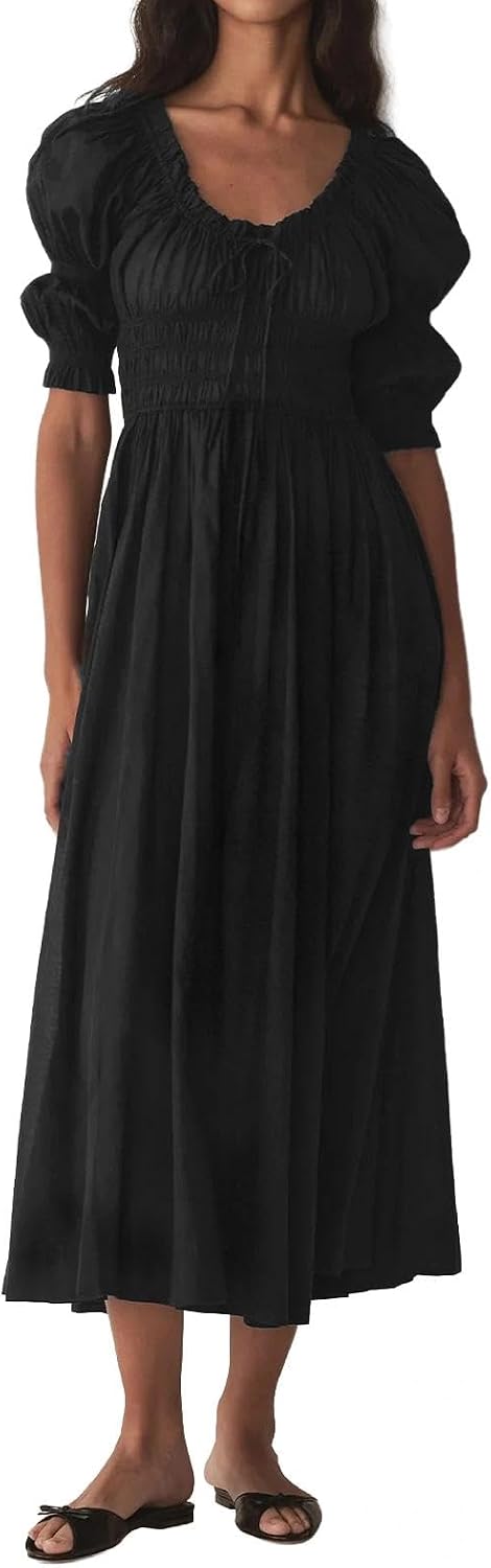 ABYOVRT Women Smocked Dresses Puff Sleeve Off Shoulder Flowy Midi Dress Baby Shower Summer Fall