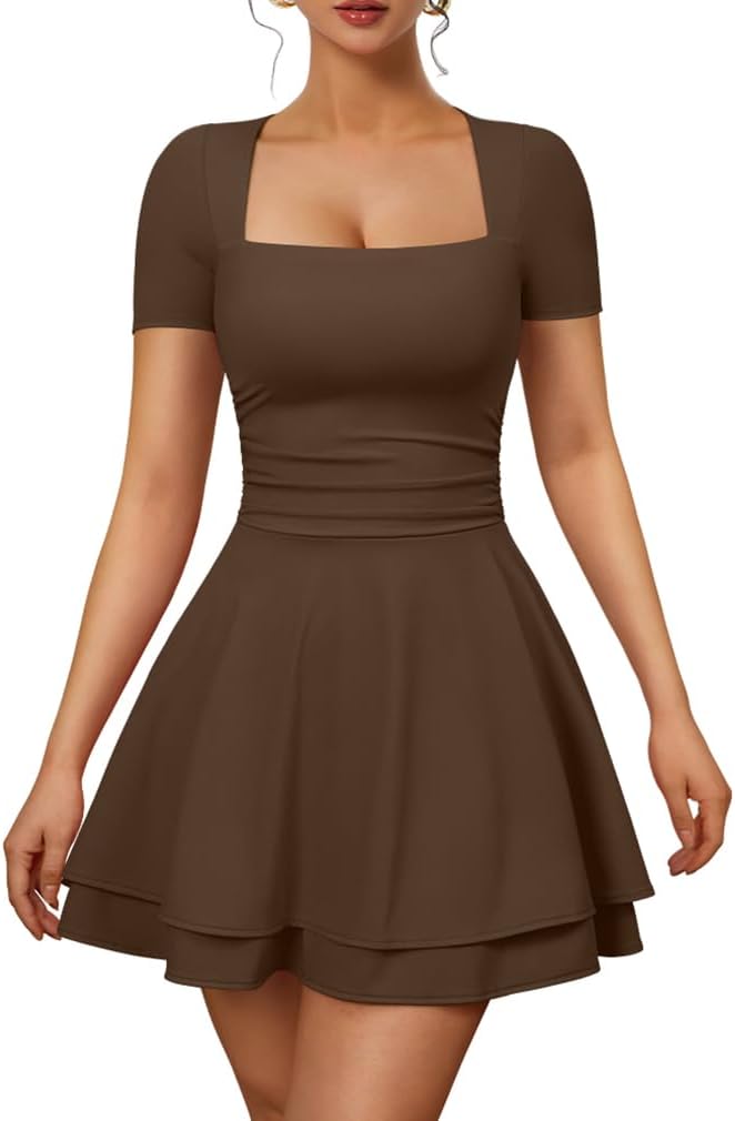 Square-Neck Short-Sleeve Tiered Mini Dress in Coffee