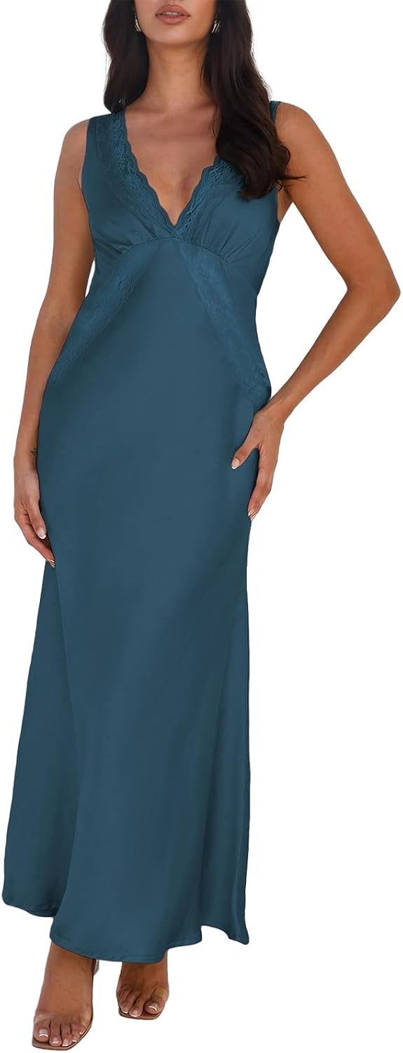 BAGONE Summer Satin Lace V Neck Backless Formal Wedding Guest Maxi Dresses | Silk,Open Back,Sleeveless,Elegant,Cocktail,Bridesmaid,Baby Shower,Party,Prom,Birthday,Vacation,Summer Dresses for Women 2026