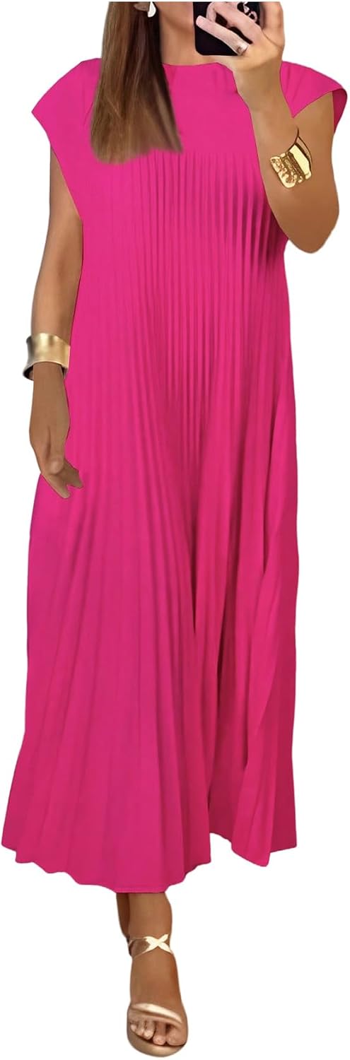 GORGLITTER Women's Pleated Maxi Dresses Church Casual Wedding Guest Outfits | Flowy, Chiffon, Summer Casual, Womens Dress, Cocktail Going Out Dress for Women