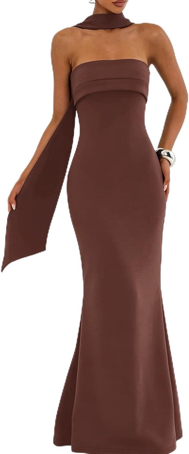 Strapless Bodycon Maxi Dress in Coffee