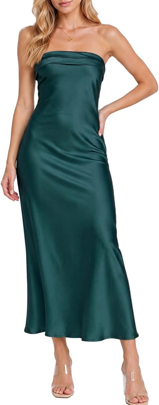 Realtix Summer Satin Strapless Backless Maxi Dress for Women Wedding Guest | Sexy,Silk,Low Back,Hollow Out,Open Back,Elegant,Tube,Cocktail Party,Semi Formal,Birthday,Date Night,vacation,Long Dress