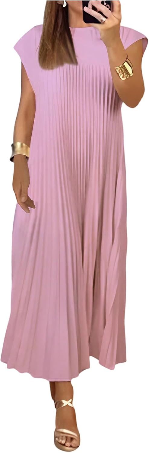 GORGLITTER Women's Pleated Maxi Dresses Church Casual Wedding Guest Outfits | Flowy, Chiffon, Summer Casual, Womens Dress, Cocktail Going Out Dress for Women