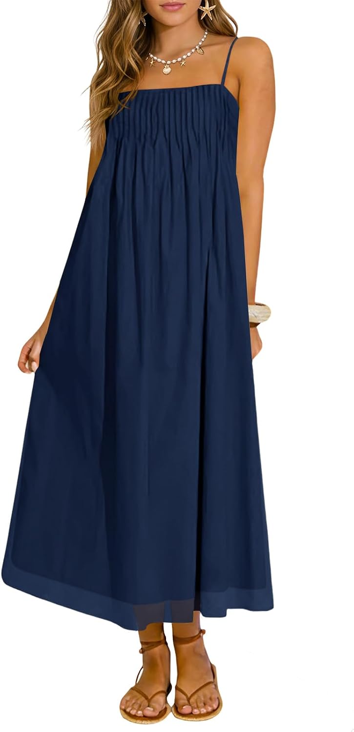 Wenrine Women's Summer Boho Maxi Dresses Spaghetti Straps Chiffon Sundress | Beach Vacation, Flowy, Linen, Casual, Loose, Pleated, Sleeveless, Midi Long Dress with Pockets