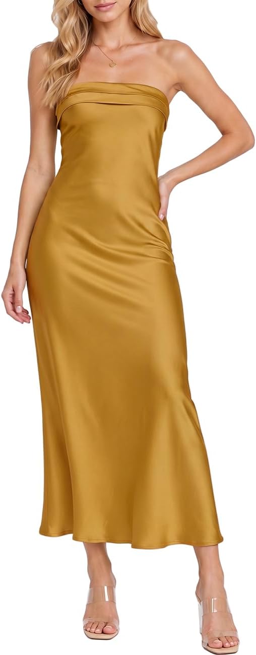 Satin Strapless Maxi Dress in Gold
