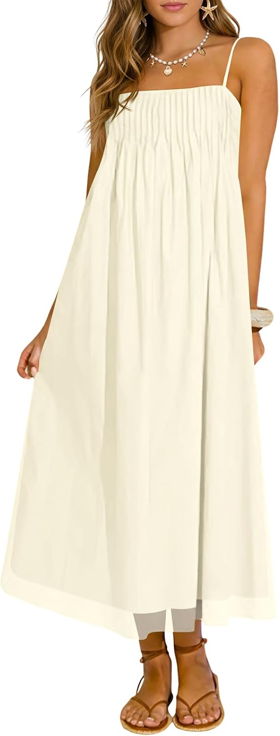 Wenrine Women's Summer Boho Maxi Dresses Spaghetti Straps Chiffon Sundress | Beach Vacation, Flowy, Linen, Casual, Loose, Pleated, Sleeveless, Midi Long Dress with Pockets