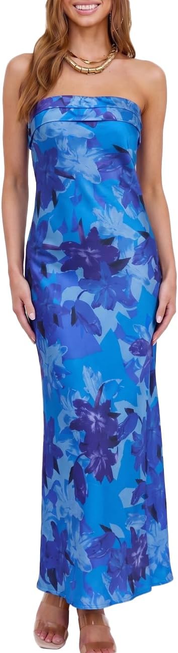 Realtix Summer Satin Strapless Backless Maxi Dress for Women Wedding Guest | Sexy,Silk,Low Back,Hollow Out,Open Back,Elegant,Tube,Cocktail Party,Semi Formal,Birthday,Date Night,vacation,Long Dress