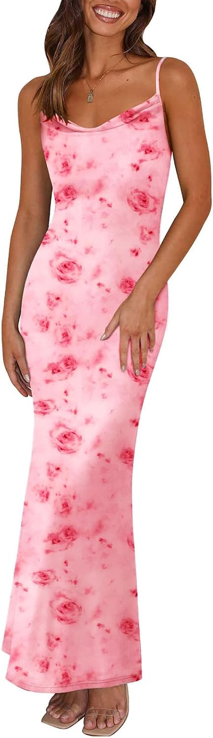 Floral Spaghetti-Strap Bodycon Maxi Dress in Pink Red Flower