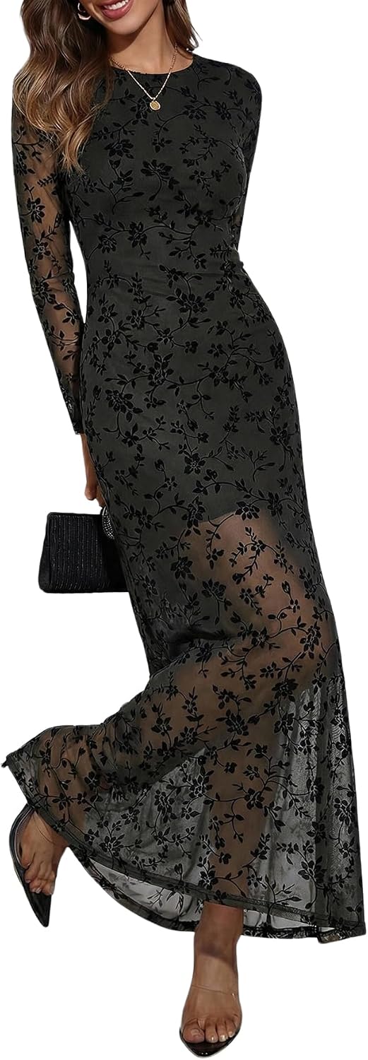 Floral Long-Sleeve Bodycon Maxi Dress in Dark Black