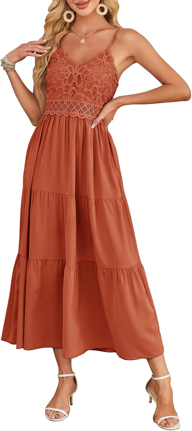Dokuritu Women's Beach Crochet Lace Maxi Dress Solid Color Summer Vacation Wedding Guest Spaghetti Strap Long Dress
