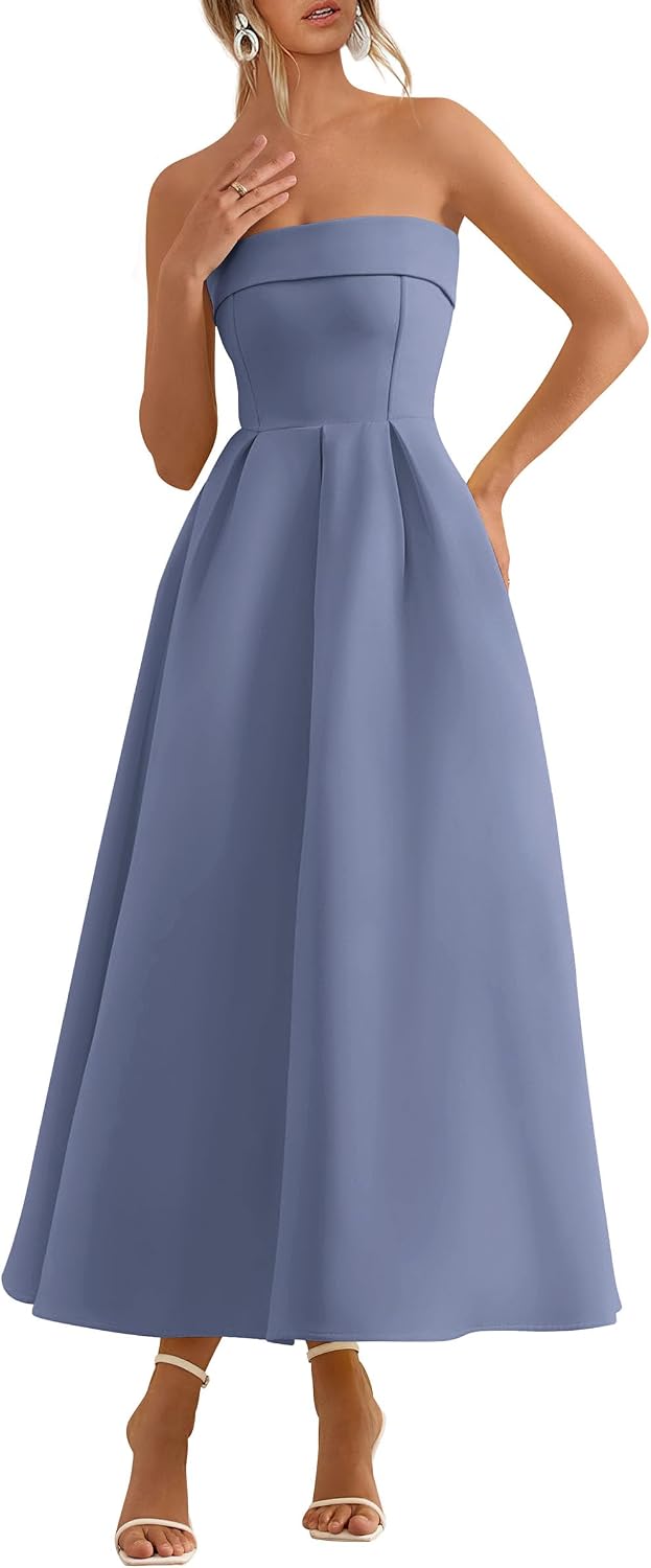 Tube-Top Strapless Midi Cocktail Dress in Grey Blue