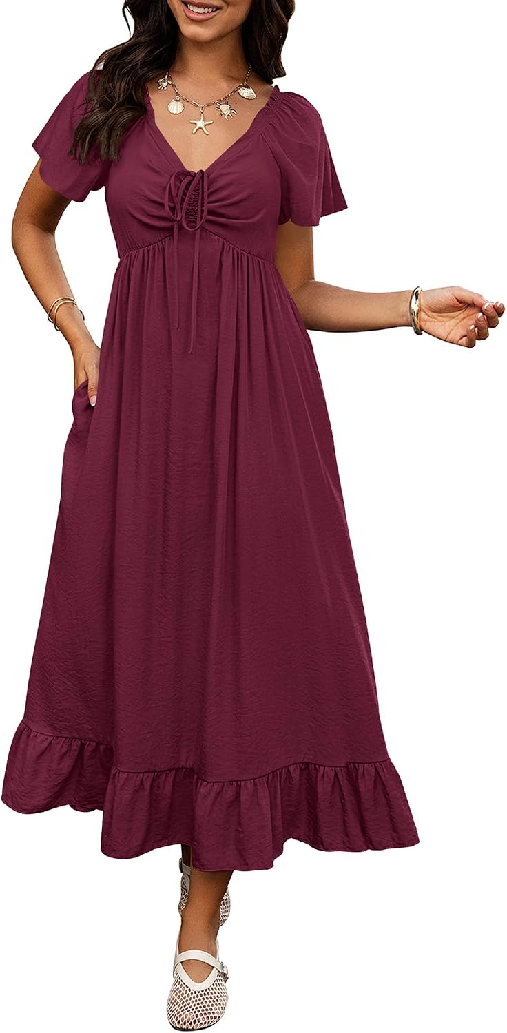 BTFBM Womens Summer Dresses 2026 Wedding Guest Maxi Dress | Short Sleeve, V Neck, Drawstring,A-Line,Loose Fit,Solid,Cocktail,Party,Boho Beach Long Dress,Prom,Beach Vacation Clothes
