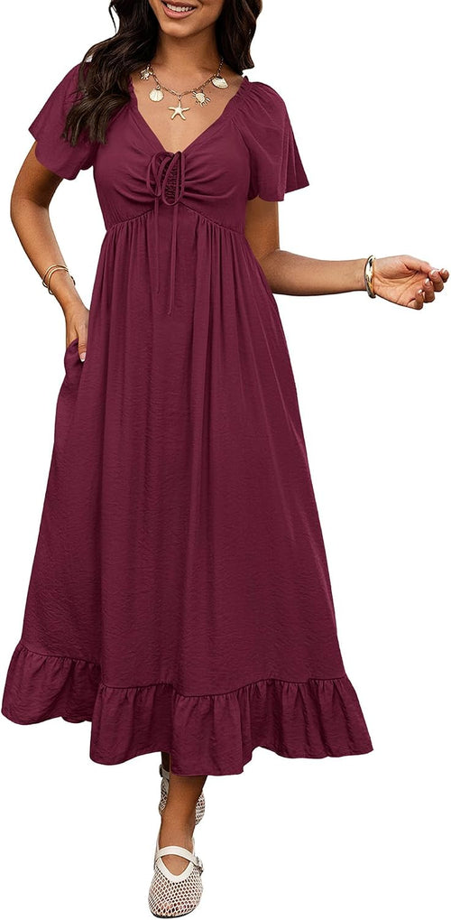 BTFBM Womens Summer Dresses 2026 Wedding Guest Maxi Dress | Short Sleeve, V Neck, Drawstring,A-Line,Loose Fit,Solid,Cocktail,Party,Boho Beach Long Dress,Prom,Beach Vacation Clothes