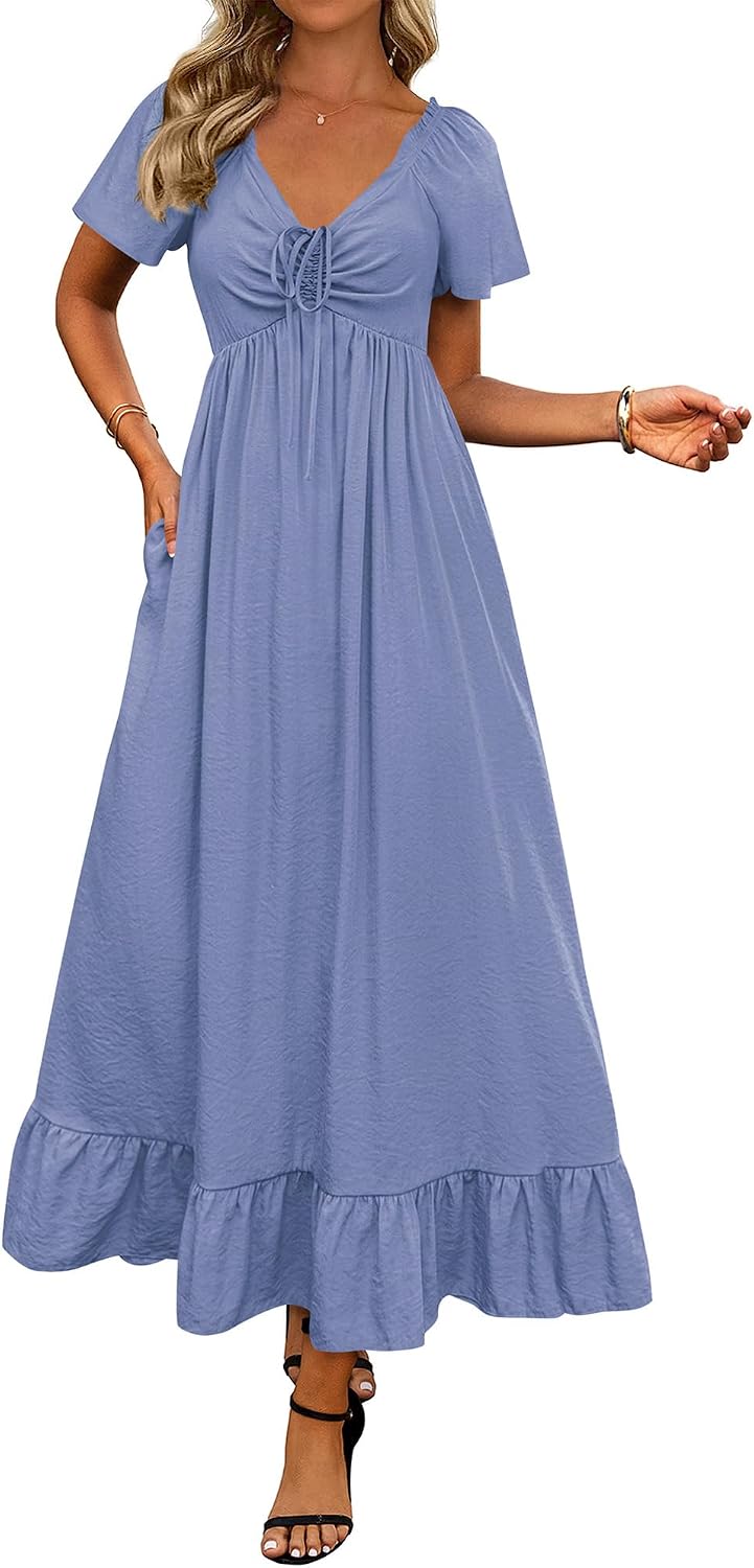 BTFBM Womens Summer Dresses 2026 Wedding Guest Maxi Dress | Short Sleeve, V Neck, Drawstring,A-Line,Loose Fit,Solid,Cocktail,Party,Boho Beach Long Dress,Prom,Beach Vacation Clothes
