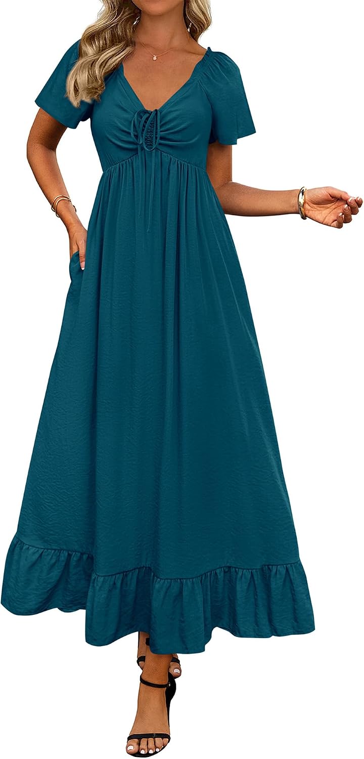 BTFBM Womens Summer Dresses 2026 Wedding Guest Maxi Dress | Short Sleeve, V Neck, Drawstring,A-Line,Loose Fit,Solid,Cocktail,Party,Boho Beach Long Dress,Prom,Beach Vacation Clothes