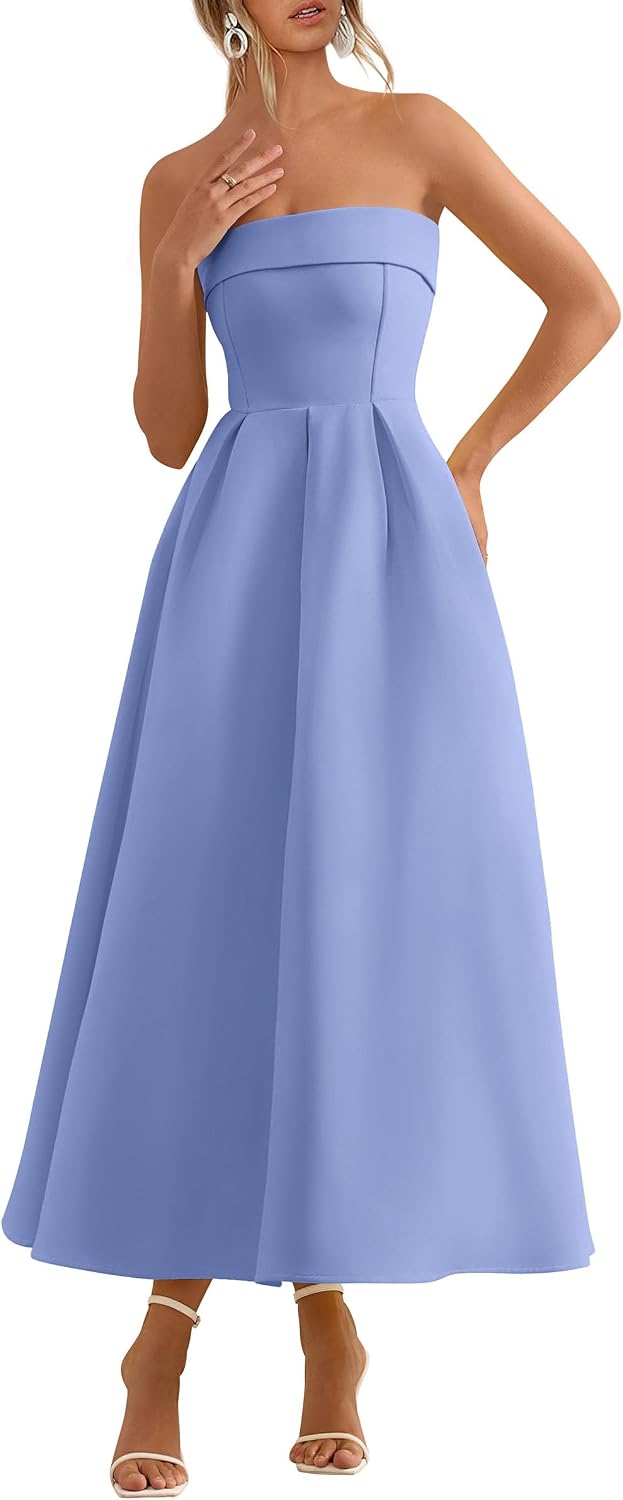 Tube-Top Strapless Midi Cocktail Dress in Light Blue