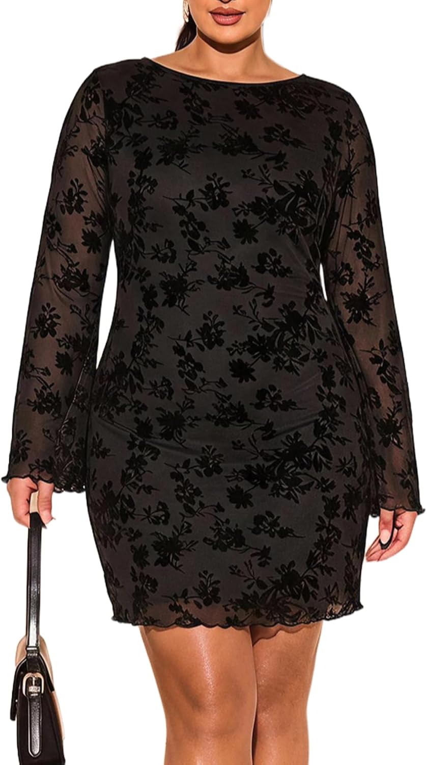 BEAUDRM Women's Plus Size Sexy Mini Dress Fall Wedding Guest Dresses | Date Night Outfit, Club Outfits, Going Out Outfits, Bell Sleeve Cocktail Dress