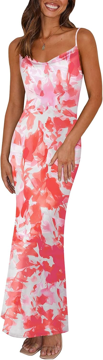 Floral Spaghetti-Strap Bodycon Maxi Dress in Light Orange