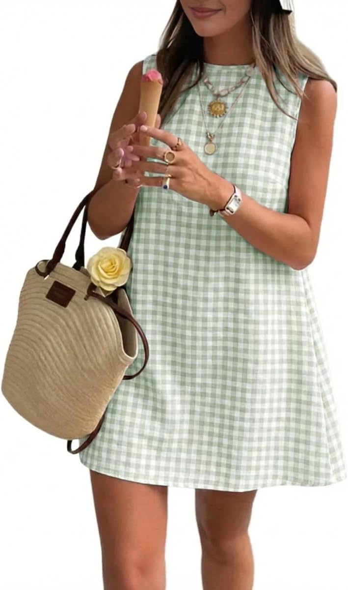 Plaid Mock-Neck Sleeveless A-Line Mini Dress in Light Green