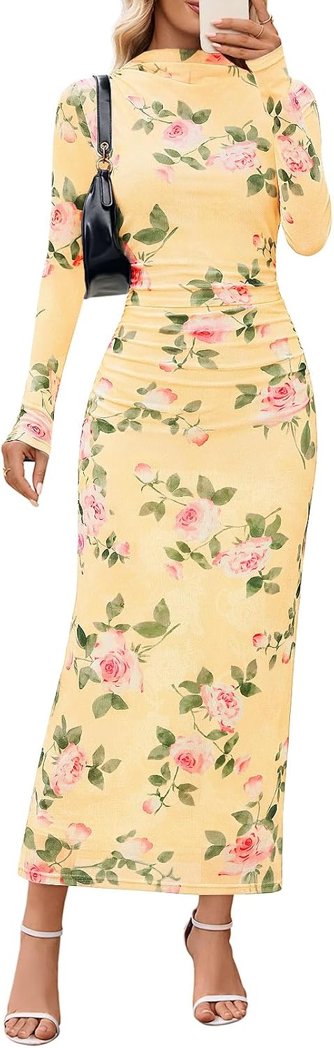 Floral Mesh Long-Sleeve Bodycon Maxi Dress in Yellow