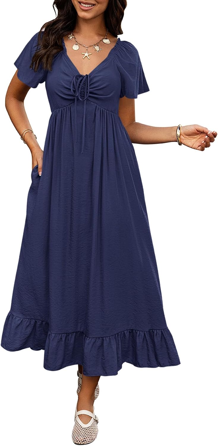 BTFBM Womens Summer Dresses 2026 Wedding Guest Maxi Dress | Short Sleeve, V Neck, Drawstring,A-Line,Loose Fit,Solid,Cocktail,Party,Boho Beach Long Dress,Prom,Beach Vacation Clothes