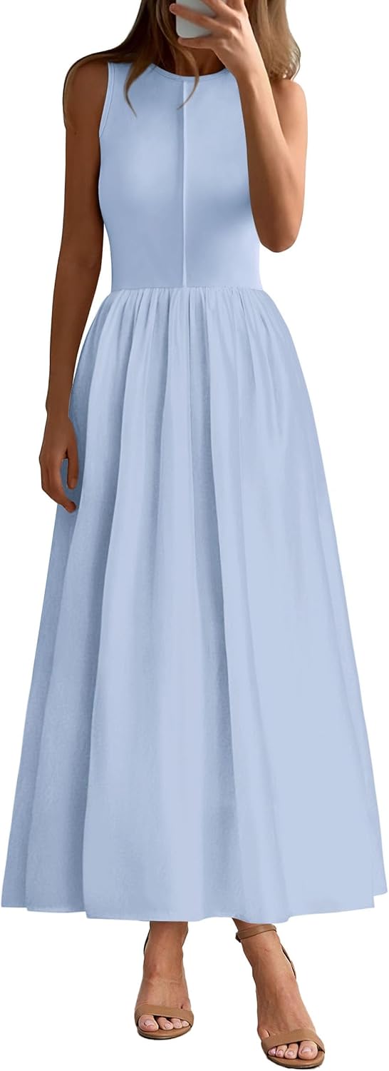 Ribbed Knit Sleeveless A-Line Maxi Dress in Light Blue