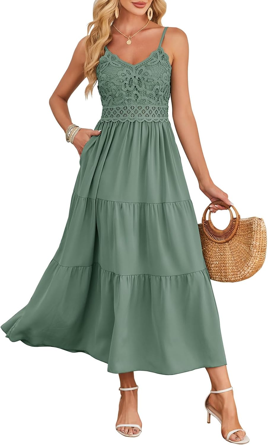 Dokuritu Women's Beach Crochet Lace Maxi Dress Solid Color Summer Vacation Wedding Guest Spaghetti Strap Long Dress