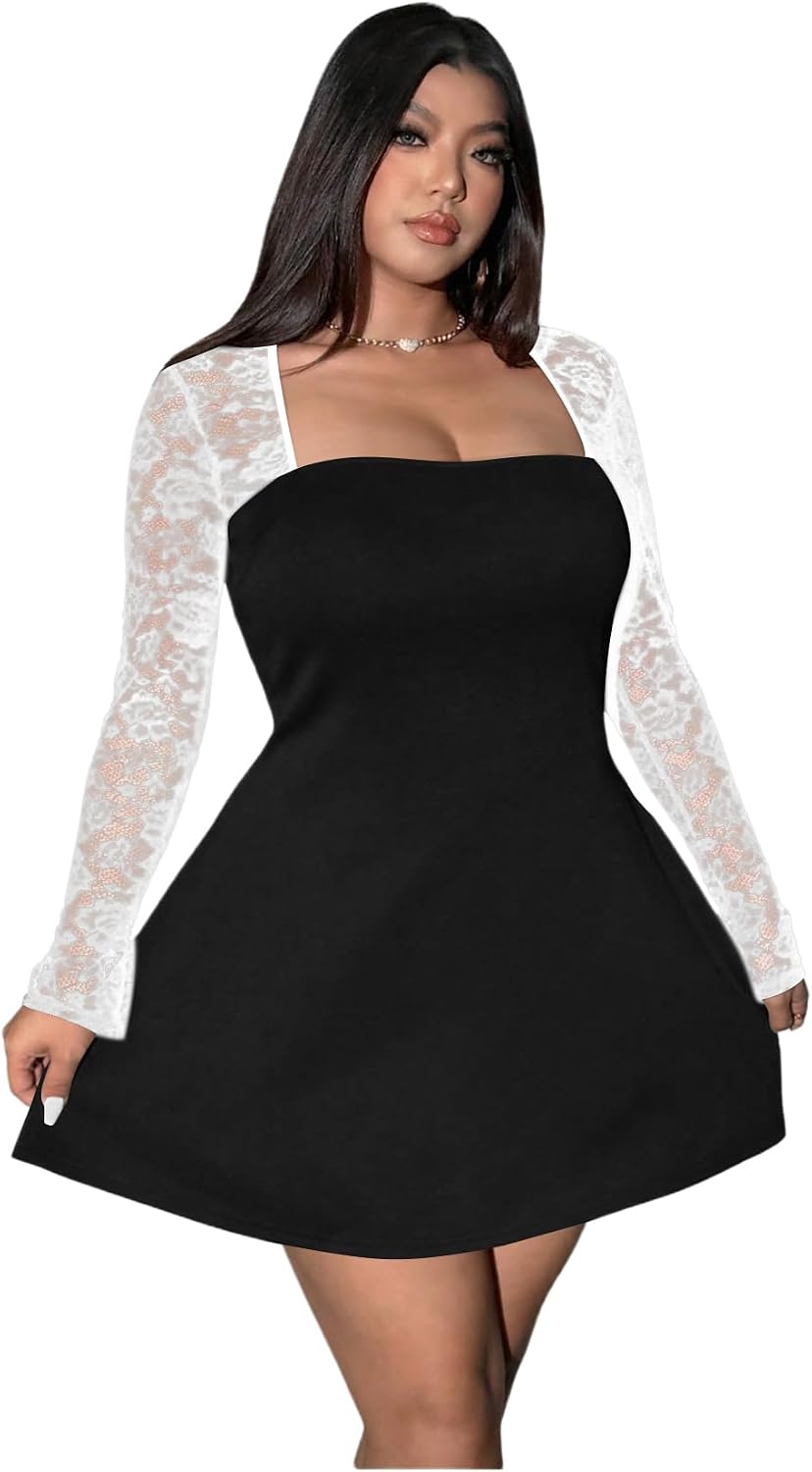 Floerns Women's Plus Size Lace Sheer Long Sleeve Square Neck Mini Dresses | A Line, Curvy, Flare, Birthday, Night Out, Party, Wedding Guest, Formal, Mini Dress