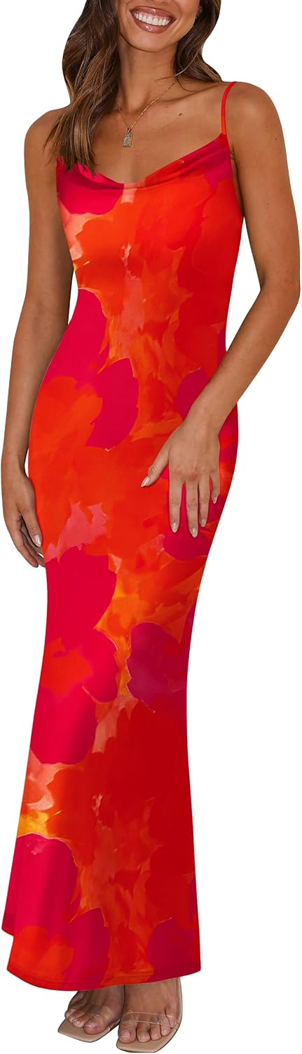 Floral Spaghetti-Strap Bodycon Maxi Dress in Orange