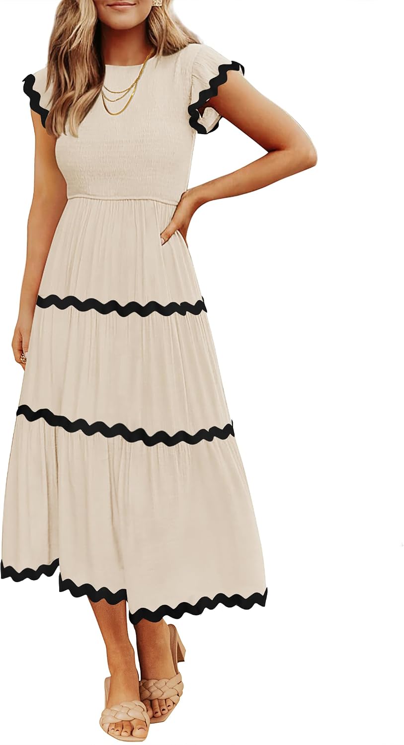 ZESICA Womens Summer Casual Smocked Flowy Midi Dress | Crewneck,Flutter Short Sleeve Dress,High Waist Tiered Dress,Flowy A Line Dress,Travel Vacation Party Church Dress,Work Dress